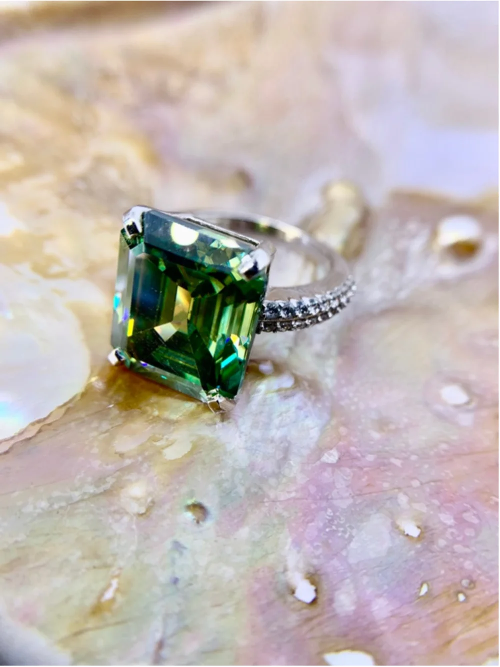 Emerald Cut Moissanite Ring Vivid Blue Green 925 10 Ct - Picture 8 of 10